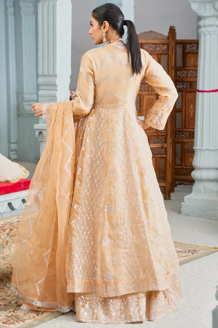 Fancy sequin pearl Maxi dress on net | Afroze | Peach