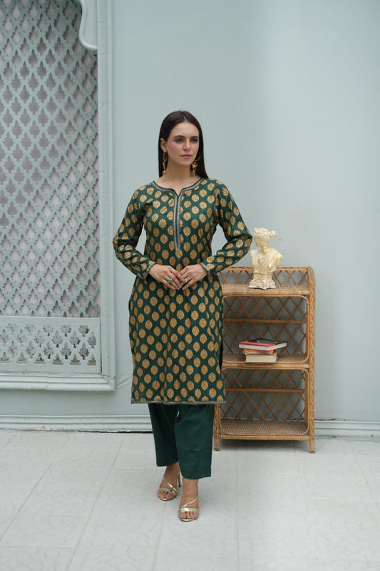 2 Pc Linen Block Print Suit | Dark Green