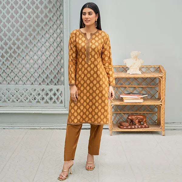 2 Pc Linen Block Print Suit | Gold
