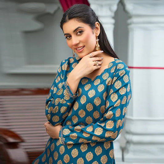 2 Pc Linen Block Print Suit | Teal