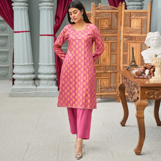 2 Pc Linen Block Print Suit | Pink