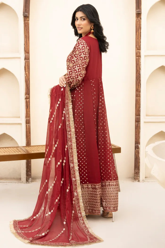 3 Pc Red Embroided Maxi Dress