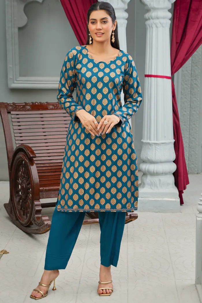 2 Pc Linen Block Prints Teal Suit