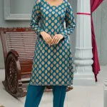 2 Pc Linen Block Prints Teal Suit