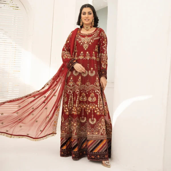 3 Pc Red Chiffon Maxi Dress