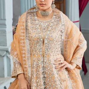 Fancy sequin pearl Maxi dress on net | Afroze | Peach
