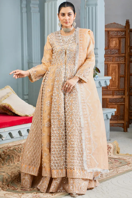 Fancy sequin pearl Maxi dress on net | Afroze | Peach