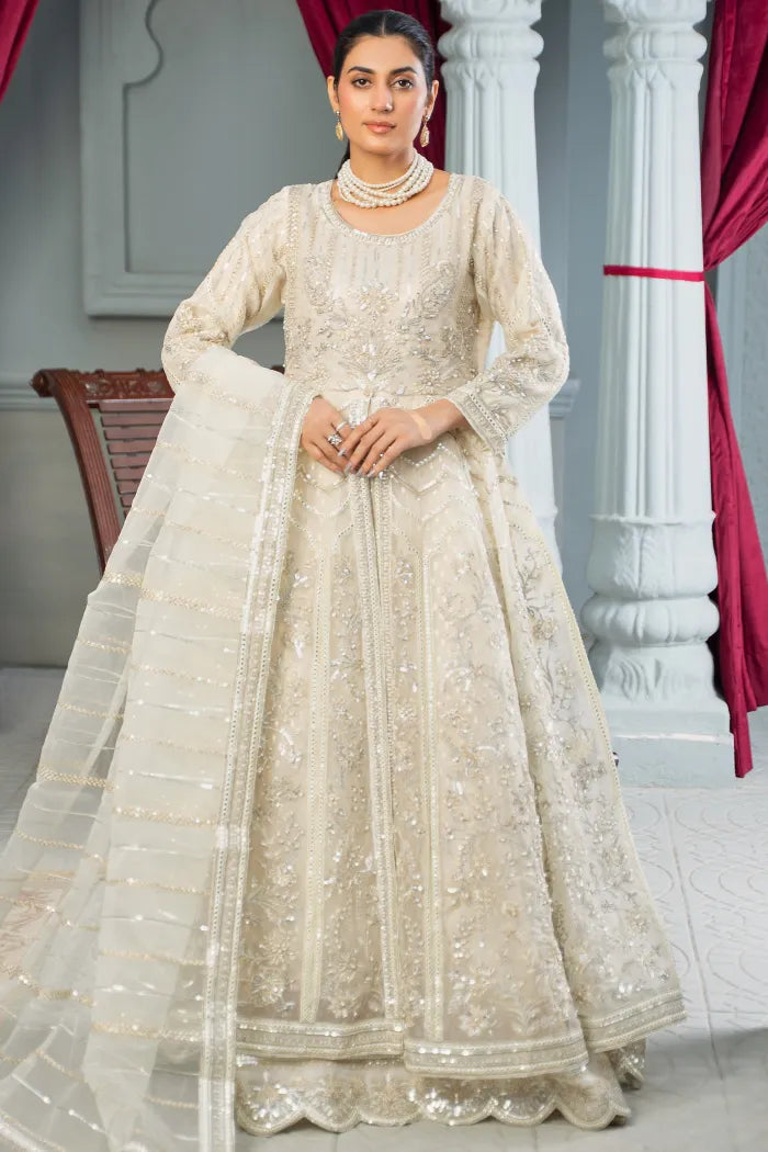 Fancy sequin pearl Maxi dress on net | Afroze | Off White