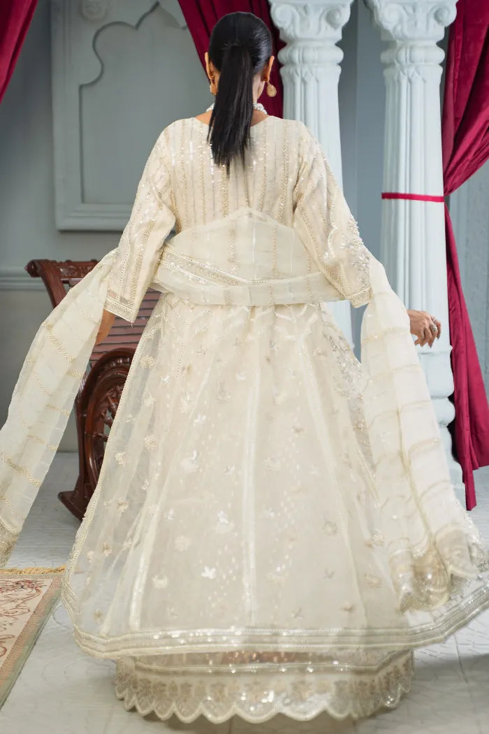 Fancy sequin pearl Maxi dress on net | Afroze | Off White