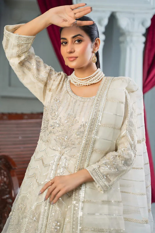 Fancy sequin pearl Maxi dress on net | Afroze | Off White