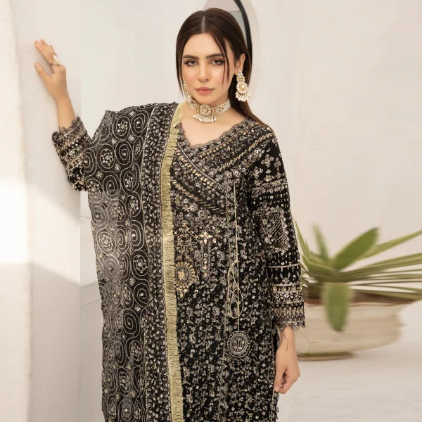 3 pc Partywear Chiffon Angrakha Black suit