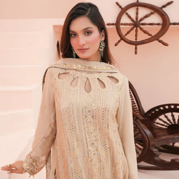 3 pc Fancy Chiffon suit | Beige