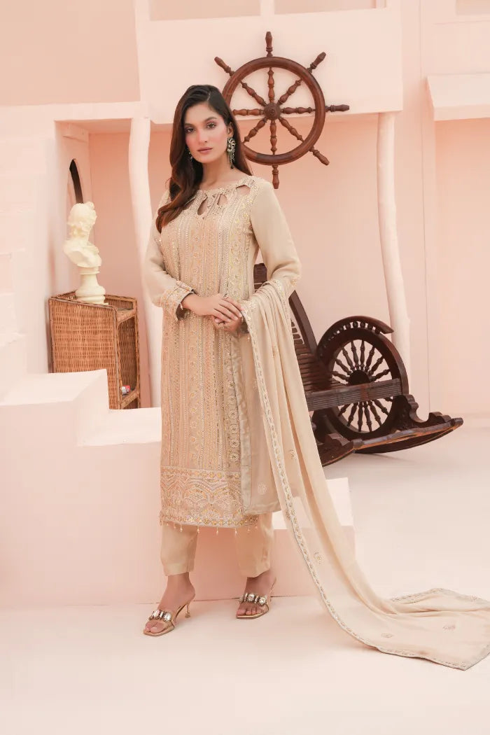 3 pc Fancy Chiffon suit | Beige