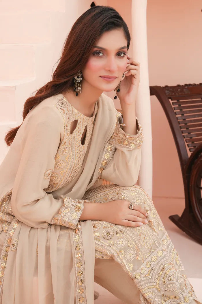 3 pc Fancy Chiffon suit | Beige