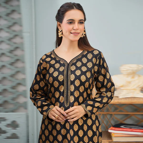 2 Pc Linen Block Print Black Suit