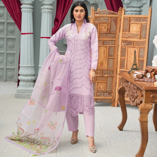 3 Pc Cotton Embroidered Suit | Lilac
