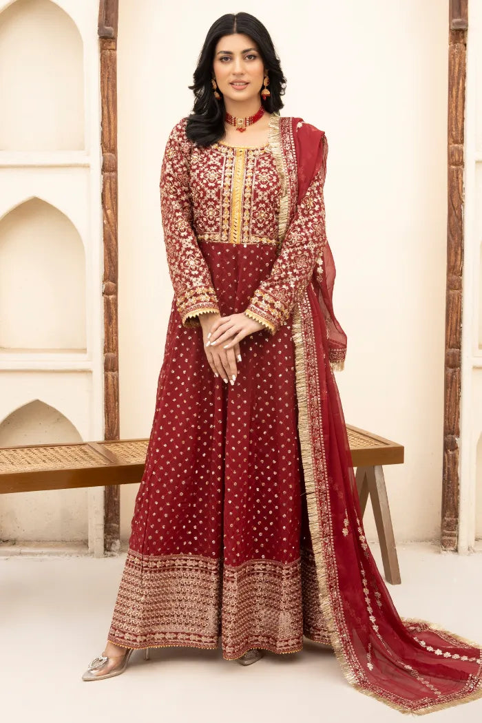 3 Pc Red Embroided Maxi Dress