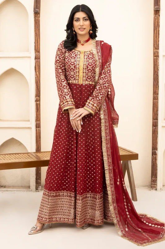 3 Pc Red Embroided Maxi Dress