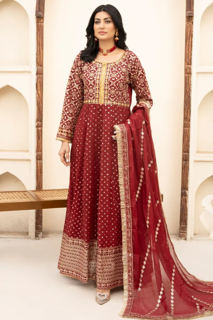 3 Pc Red Embroided Maxi Dress