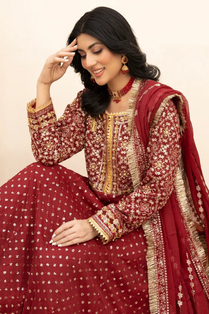 3 Pc Red Embroided Maxi Dress