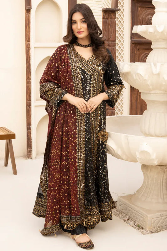 3 Pc Black Chiffon Angrakha Suit