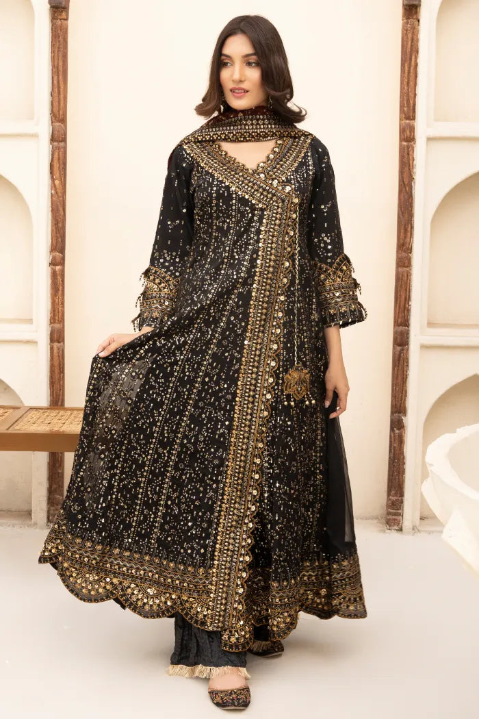 3 Pc Black Chiffon Angrakha Suit