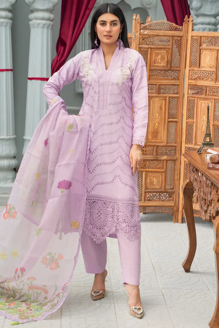 3 Pc Cotton Embroidered Suit | Lilac