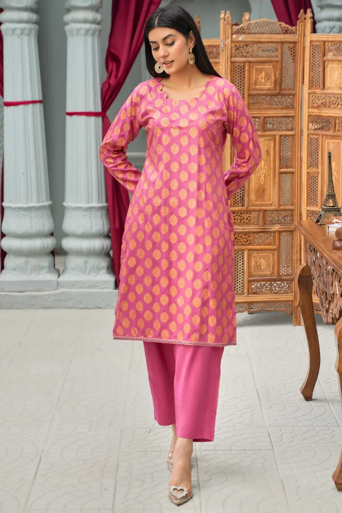 2 Pc Pink Linen Block Print Suit