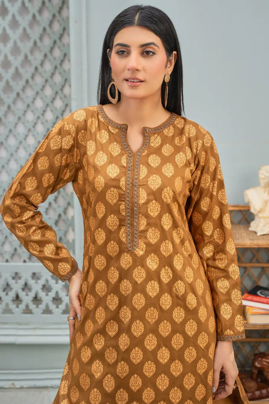 2 Pc Linen Block Print Suit | Gold