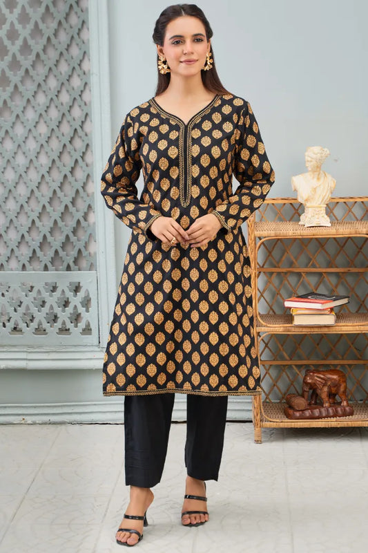 2 Pc Linen Block Print Black Suit
