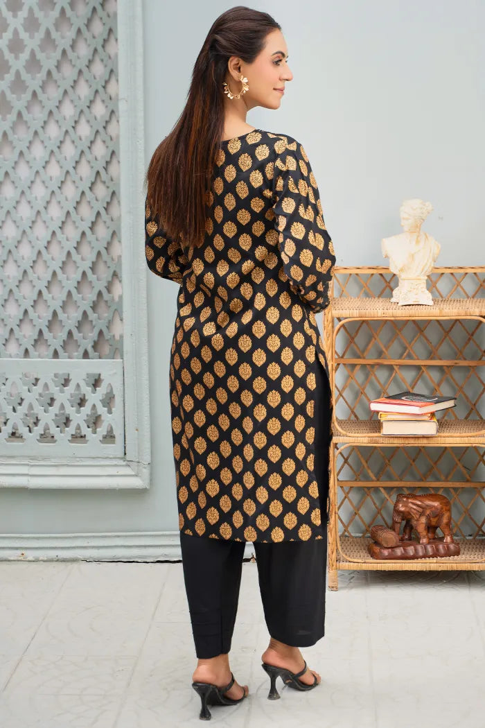 2 Pc Linen Block Print Black Suit