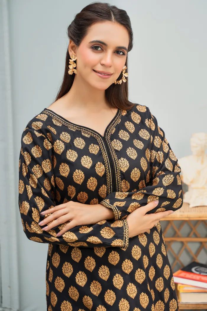 2 Pc Linen Block Print Black Suit