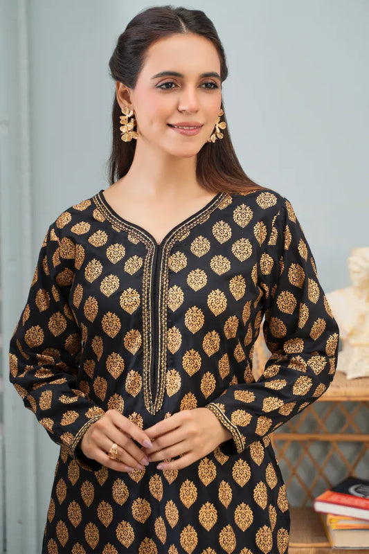 2 Pc Linen Block Print Black Suit