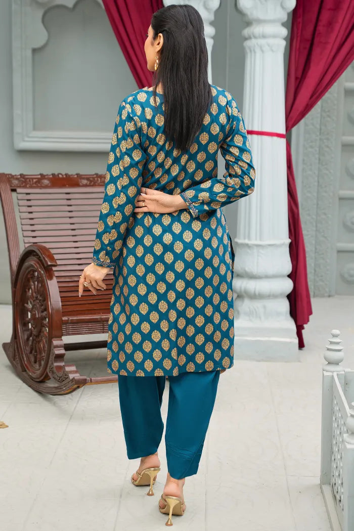 2 Pc Linen Block Prints Teal Suit