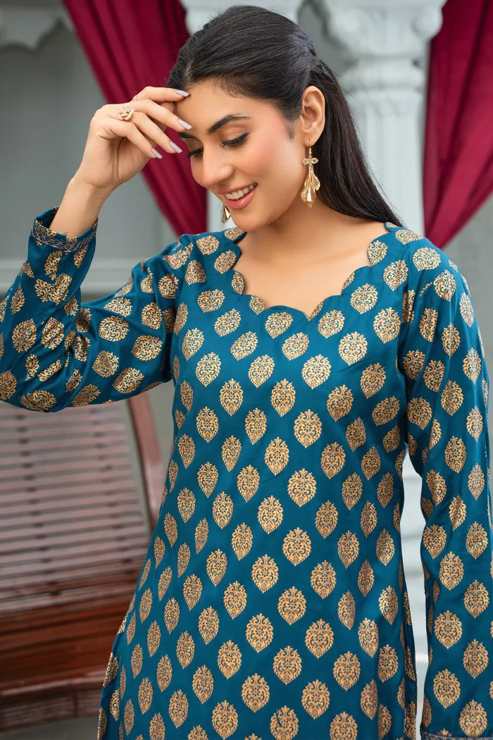 2 Pc Linen Block Prints Teal Suit