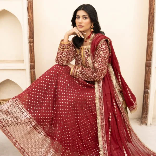 3 Pc Red Embroided Maxi Dress