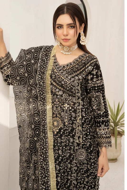 3 pc Partywear Chiffon Angrakha Black suit