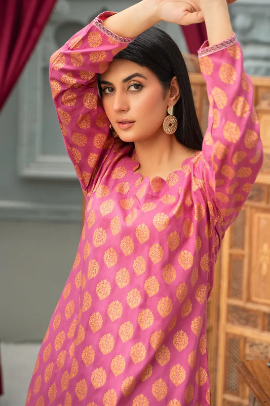 2 Pc Pink Linen Block Print Suit