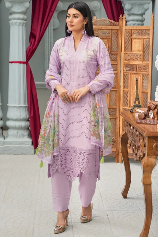 3 Pc Cotton Embroidered Suit | Lilac